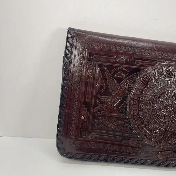 Wallet Fold Hand Tooled Leather Embossed Aztec Stamped Mexico Brown 12x7.5in WOW